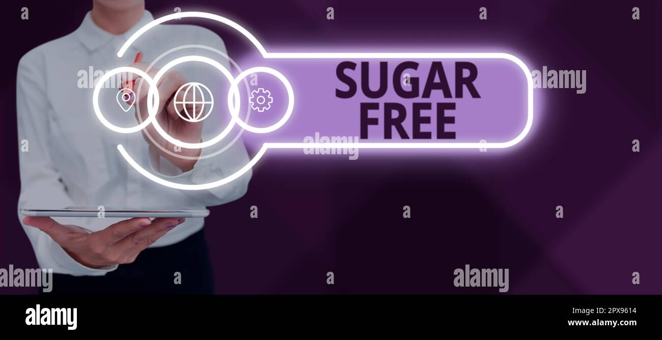 Hand writing sign Sugar Free, Business approach containing an artificial sweetening substance instead of sugar Stock Photo