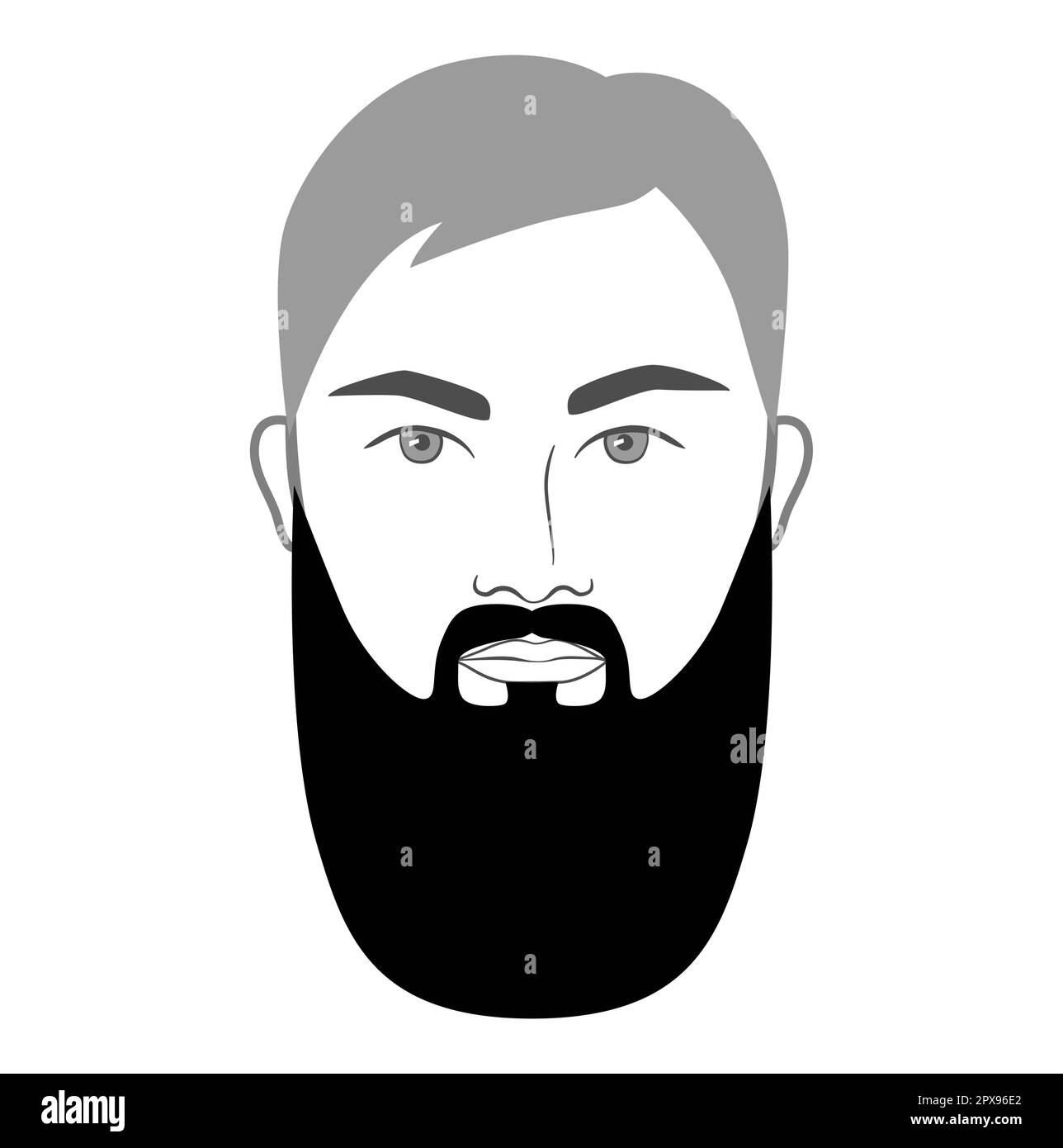 Full Beard long length style men in face illustration Facial hair mustache. Vector grey black portrait male Fashion template flat set. Stylish hairstyle isolated outline on white background. Stock Vector