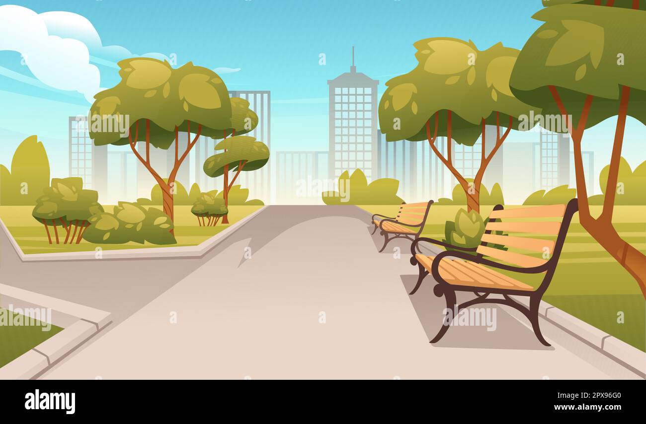 Spring or summer park landscape with trees benches and modern city on ...