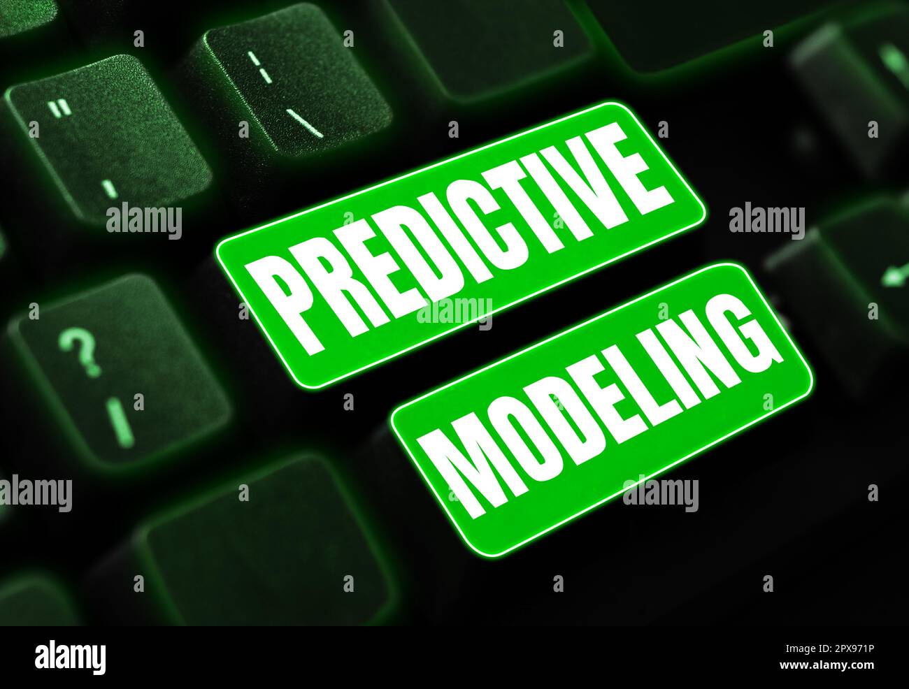 Text caption presenting Predictive Modeling, Conceptual photo maintenance strategy driven by predictive analytics Stock Photo