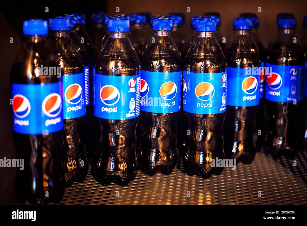 Pepsi cooling drinks 0.5 liters on the counter in a store in Ukraine on April 30 Stock Photo