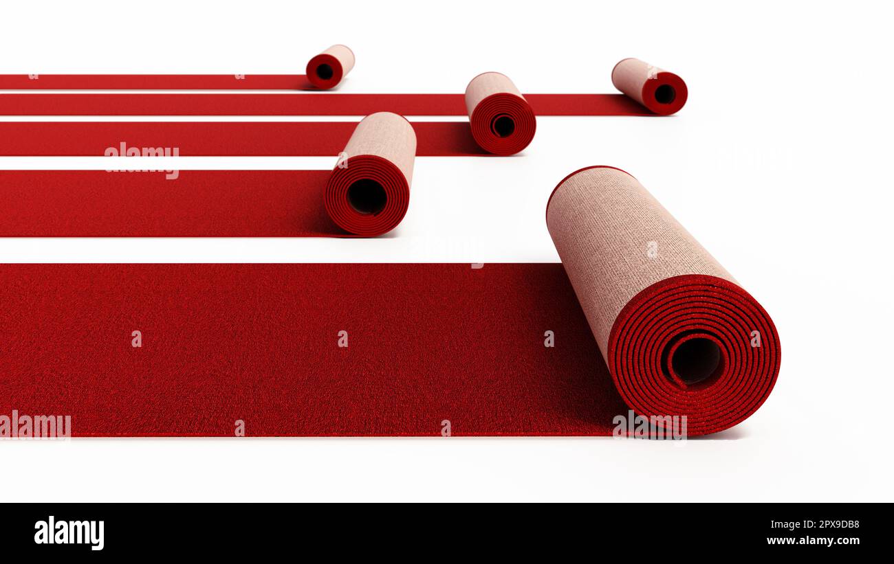 Rolling red carpets isolated on white background. 3D illustration Stock