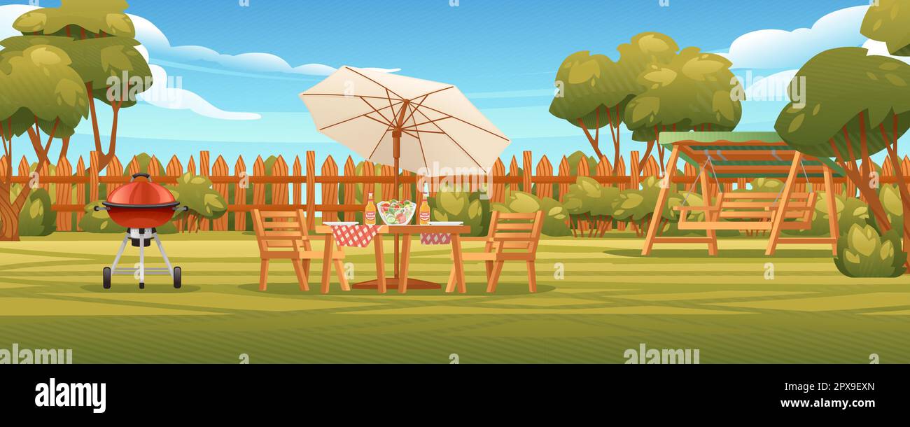 Backyard Vector Backyard with wooden fence hedge and chair with tables bbq grill sunny ...