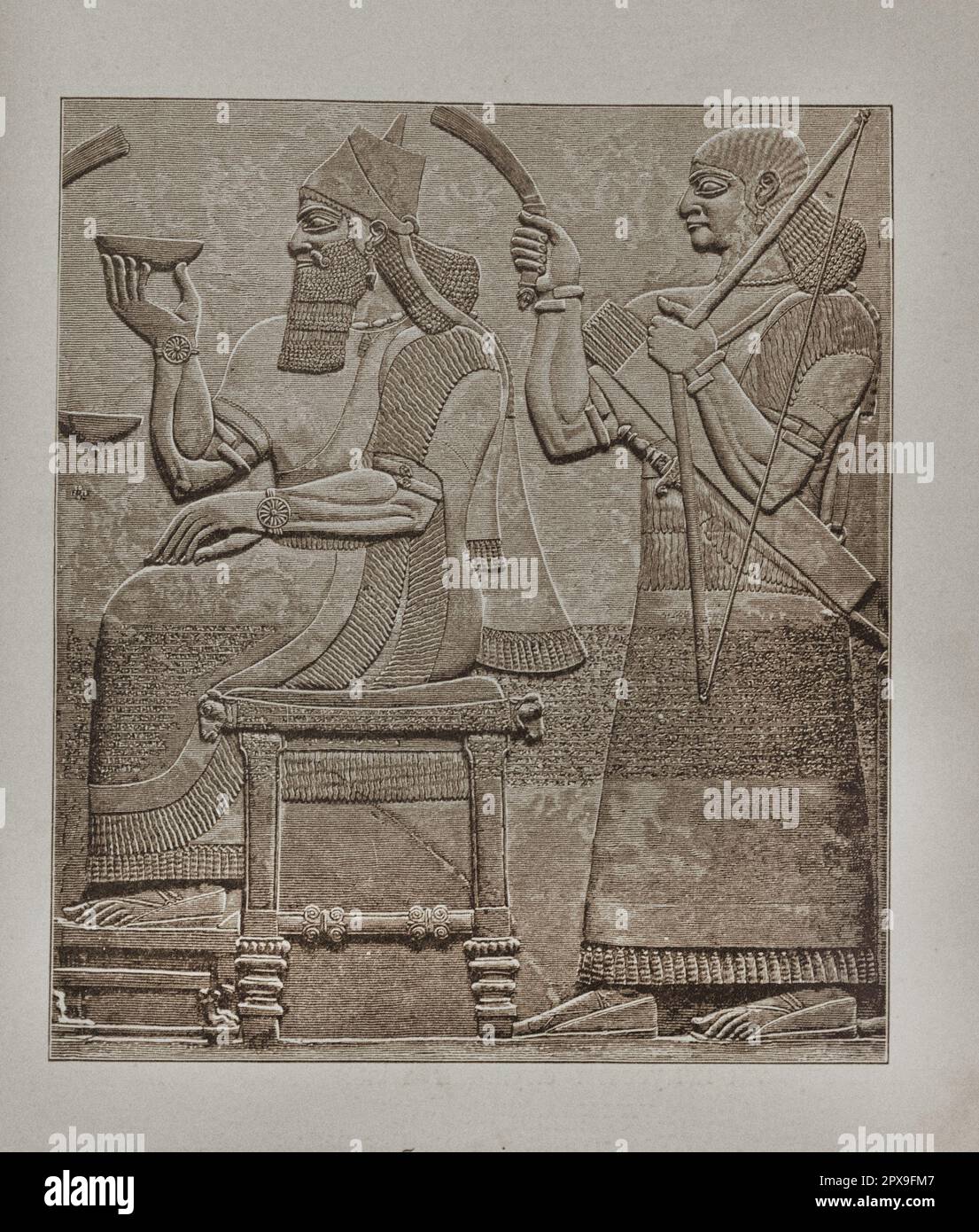 Vintage illustration of a king on the throne. Assyrian bas-relief. Stock Photo