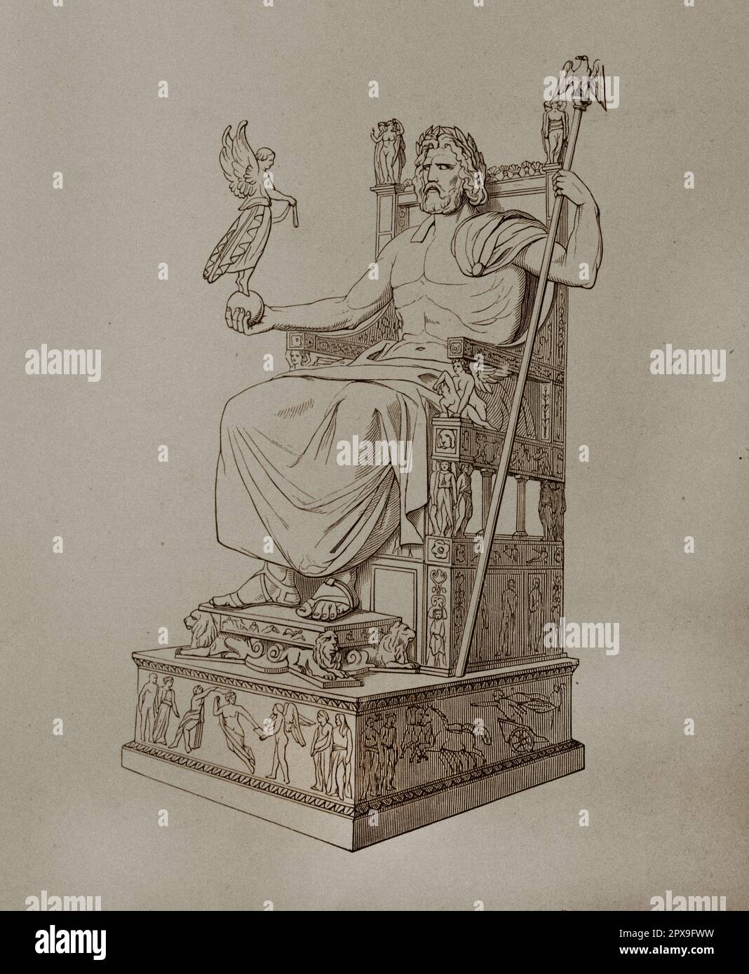 Vintage illustration of statue of Zeus at Olympia. The Statue of Zeus at Olympia was a giant seated figure, about 12.4 m (41 ft) tall, made by the Greek sculptor Phidias around 435 BC at the sanctuary of Olympia, Greece, and erected in the Temple of Zeus there. Zeus is the sky and thunder god in ancient Greek religion, who rules as king of the gods of Mount Olympus. The statue was a chryselephantine sculpture of ivory plates and gold panels on a wooden framework. Zeus sat on a painted cedarwood throne ornamented with ebony, ivory, gold, and precious stones. It was one of the Seven Wonders of t Stock Photo
