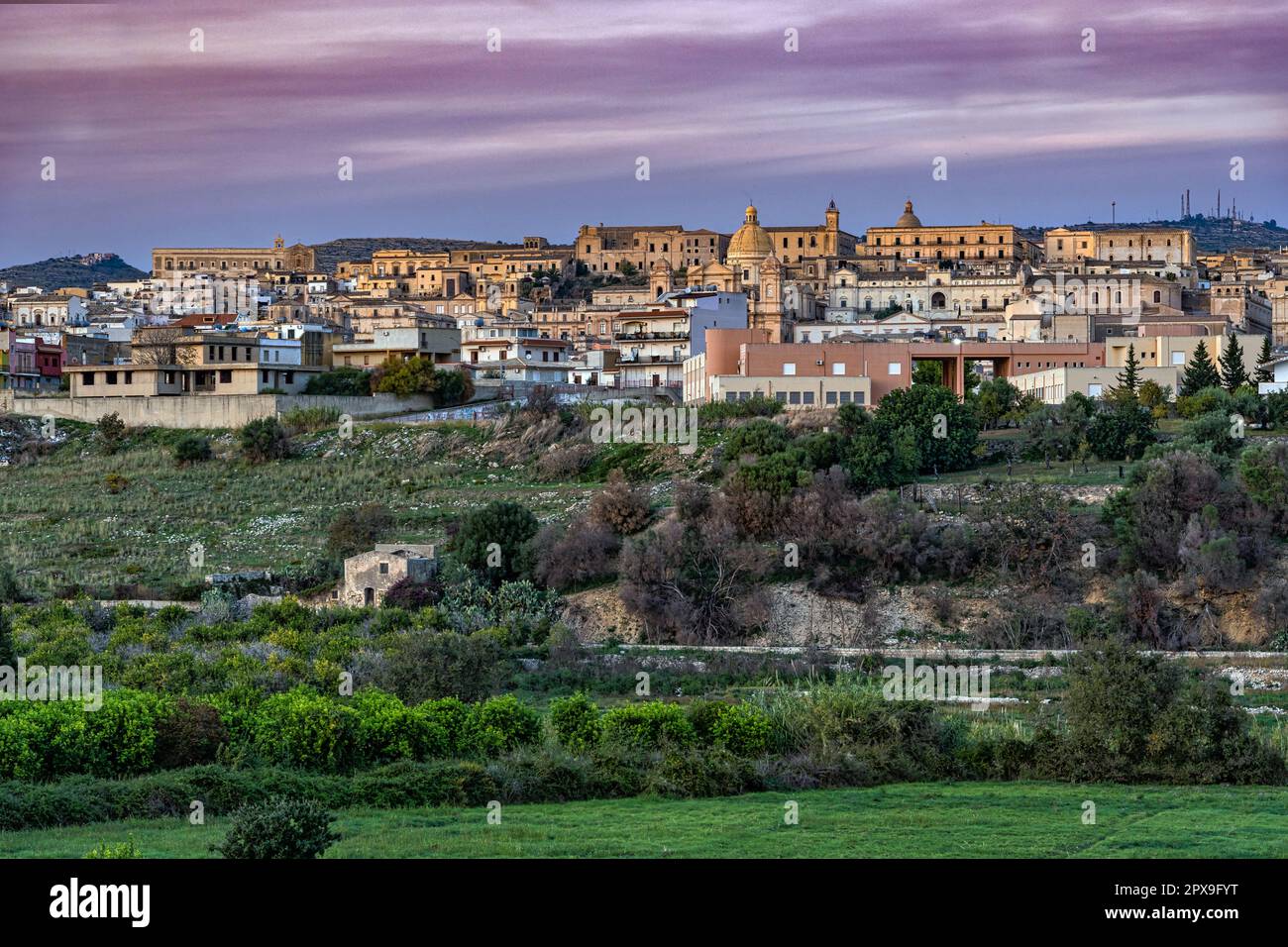 Panorama of the baroque city of Noto, you can see the various noble palaces and above all the dome of the Cathedral stands out. Noto, Sicily Stock Photo