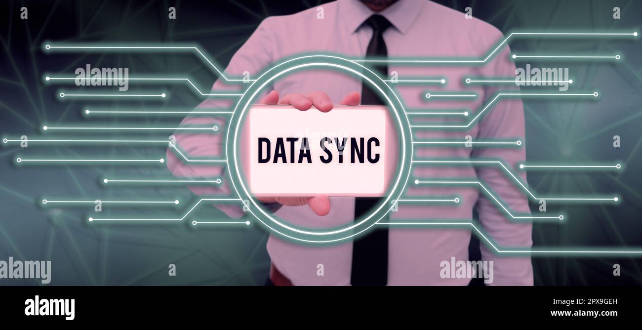 Conceptual display Data Sync, Conceptual photo data that is continuously generated by different sources Stock Photo