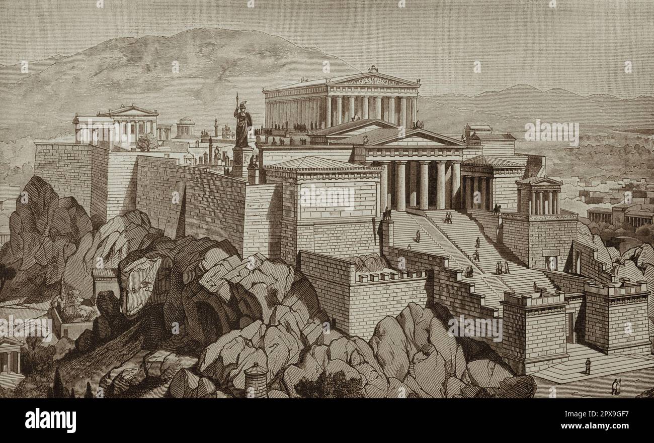 Vintage illustration of the restored view of the Acropolis. Late 19th century. Stock Photo