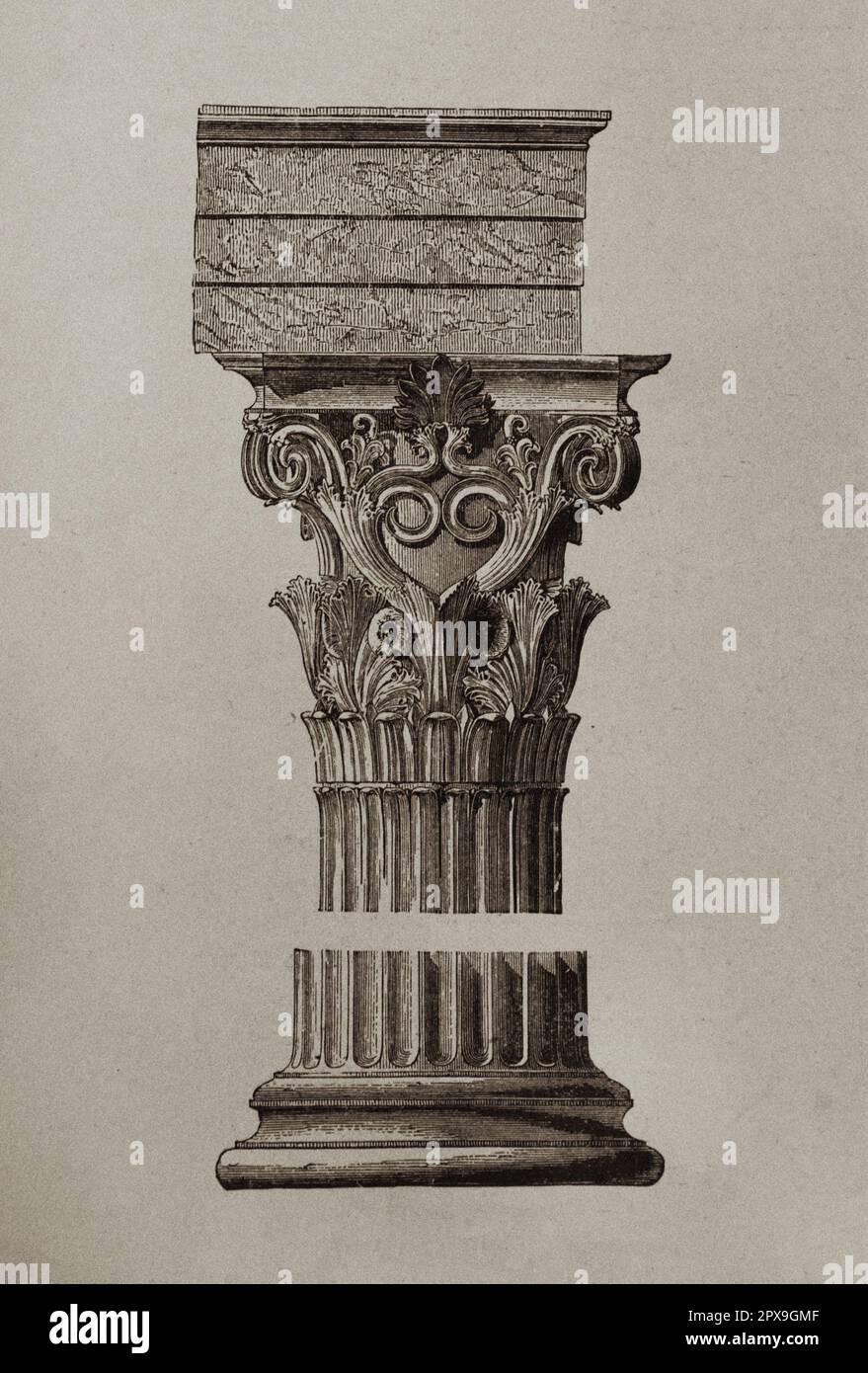 Vintage illustration of Corinthian order. (pillar from Choragic Monument of Lysicrates) Stock Photo