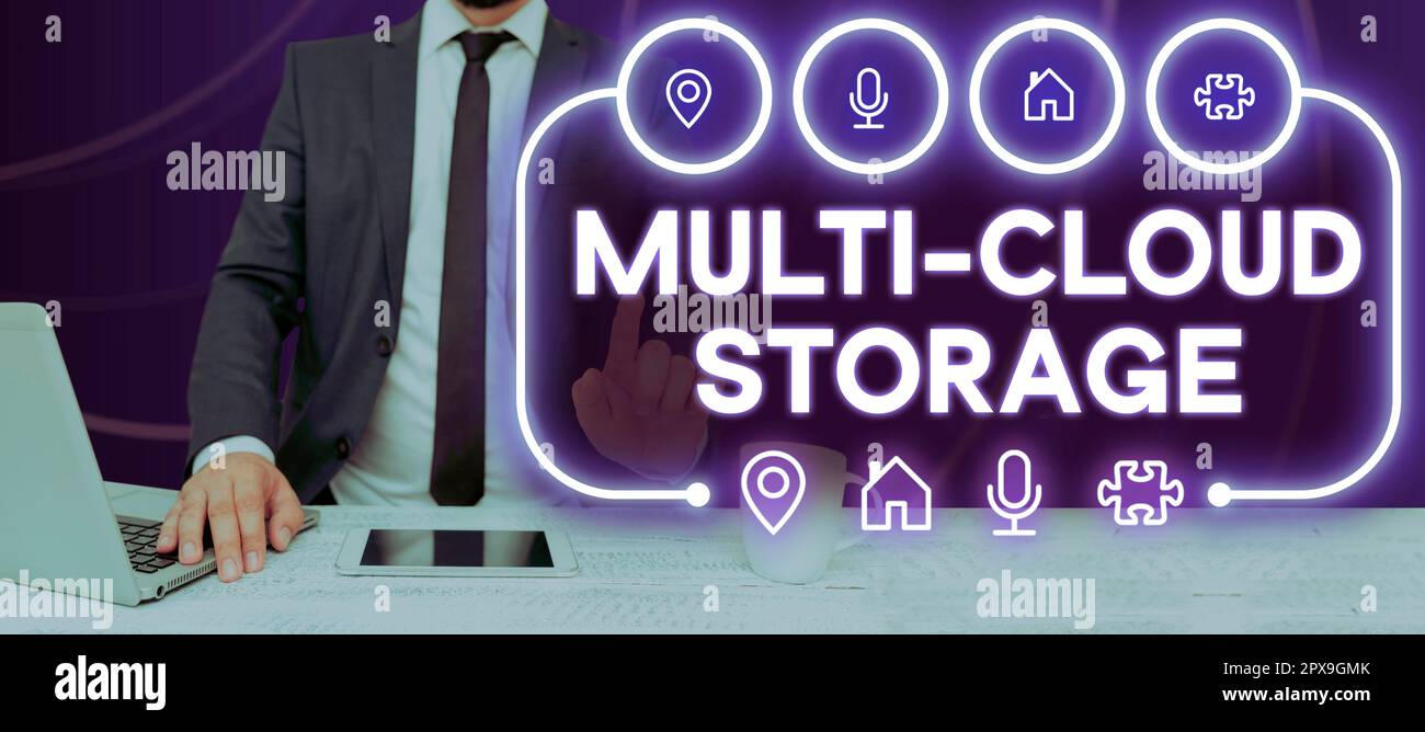 Conceptual display Multi Cloud Storage, Business approach use of multiple cloud computing and storage services Stock Photo