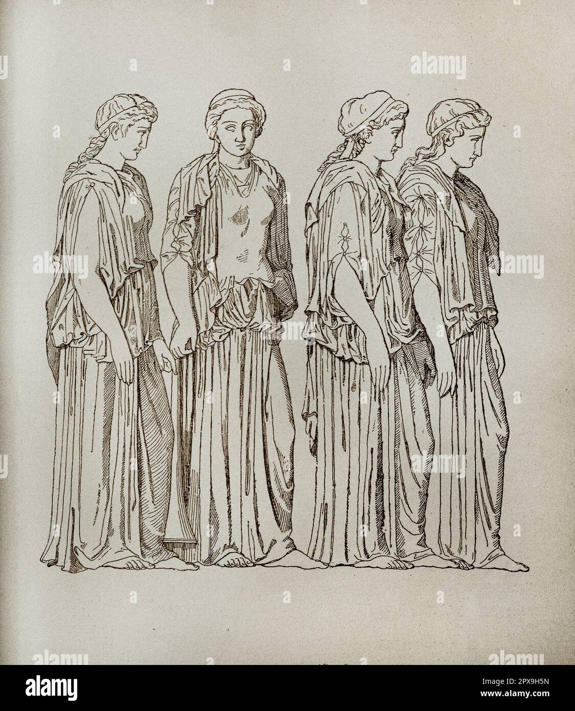 Vintage illustration of Athenian women in festive dresses. (Drawing from the frieze of the Parthenon) Stock Photo