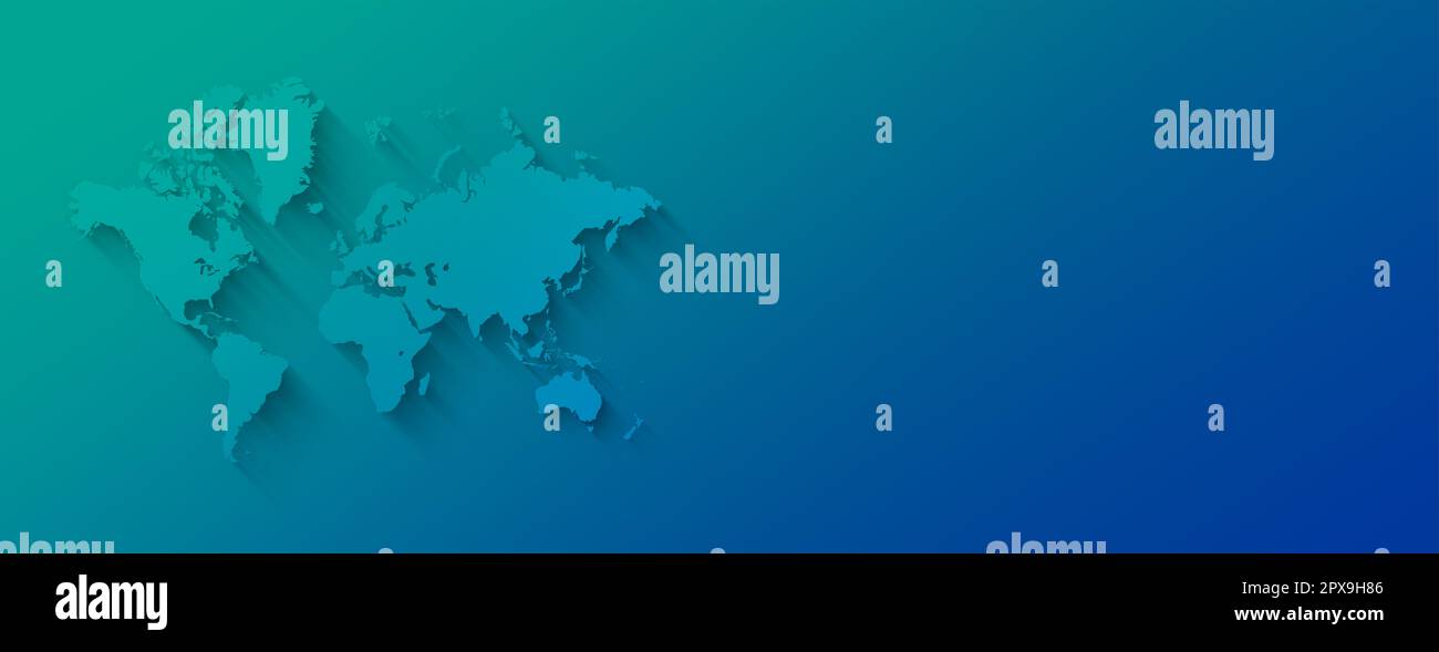 World map illustration isolated on a blue background. Horizontal banner ...