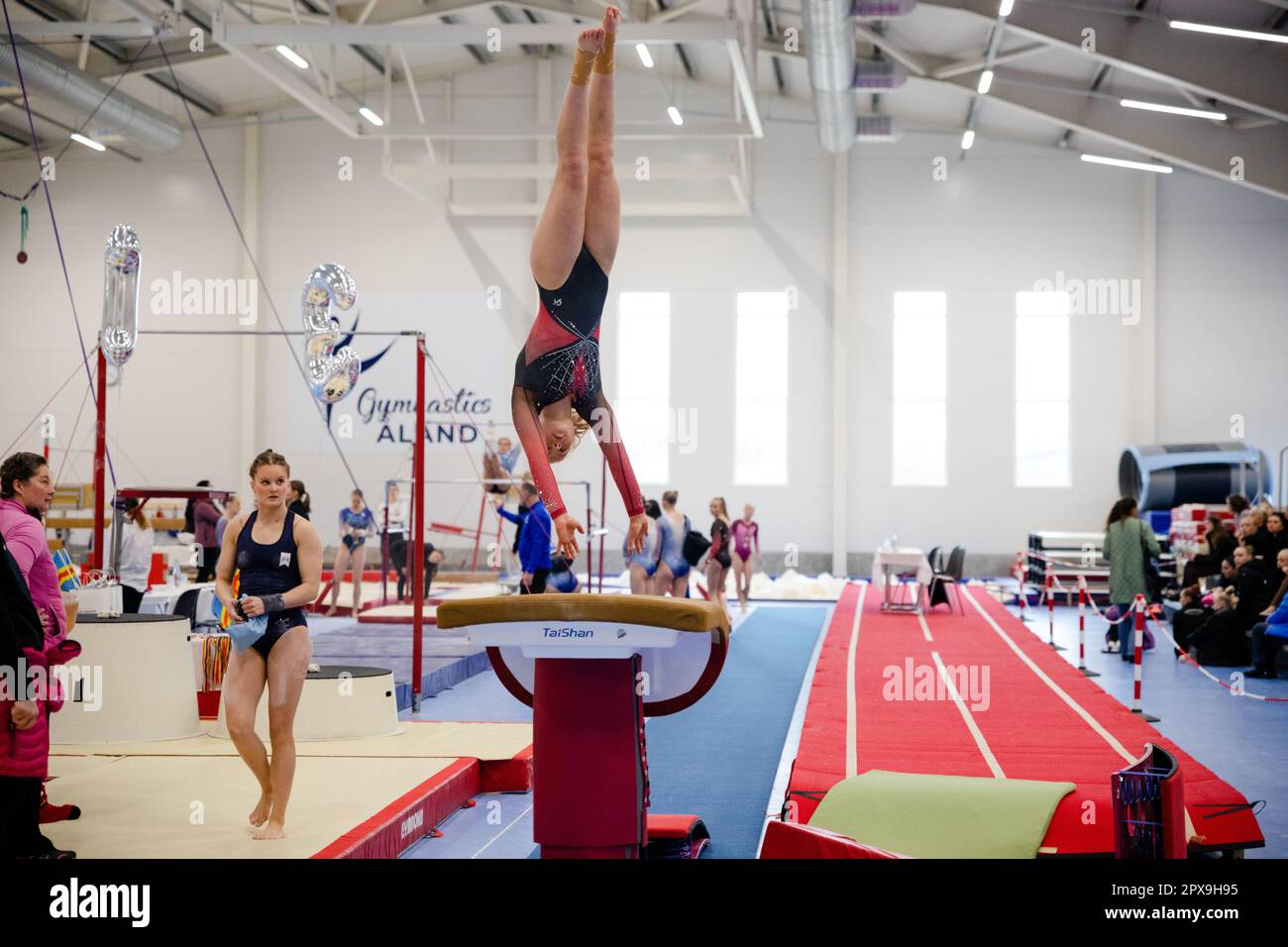 Åland Invitational 2023 Gymnastics, Mariehamn, April 2023. Gymnasts from Finland, Sweden, Norway and UK. Picture: Rob Watkins – Qualifying Day Vault Stock Photo
