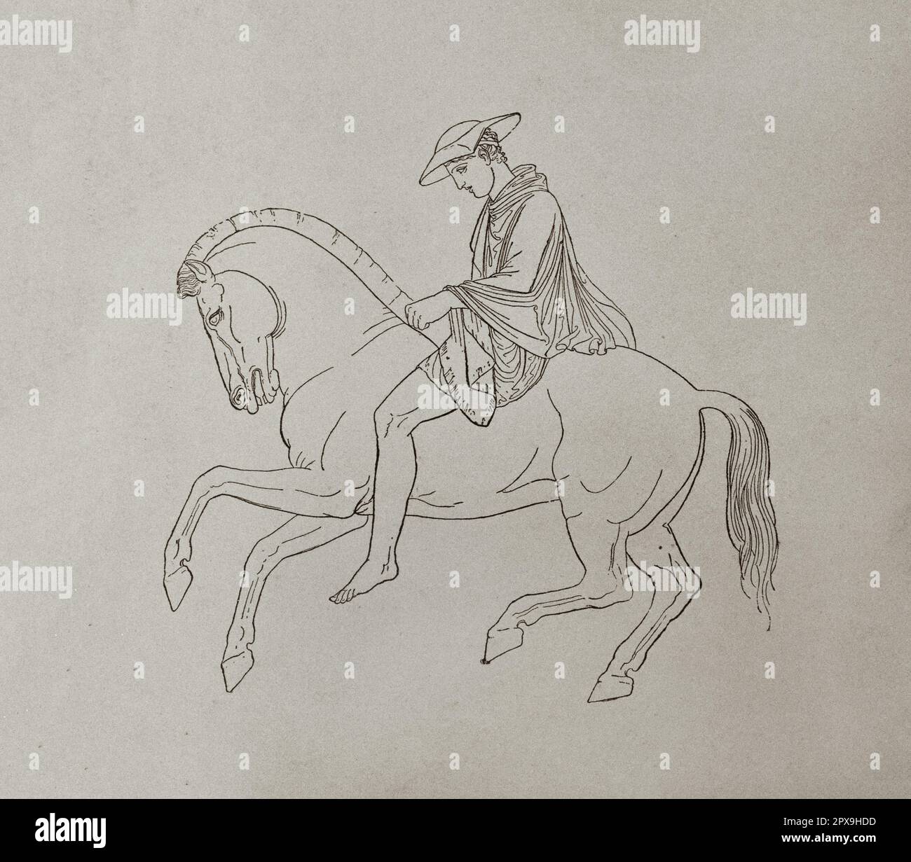 Vintage illustration of horse riding Hellenic. (Drawing from the frieze of the Parthenon) Stock Photo
