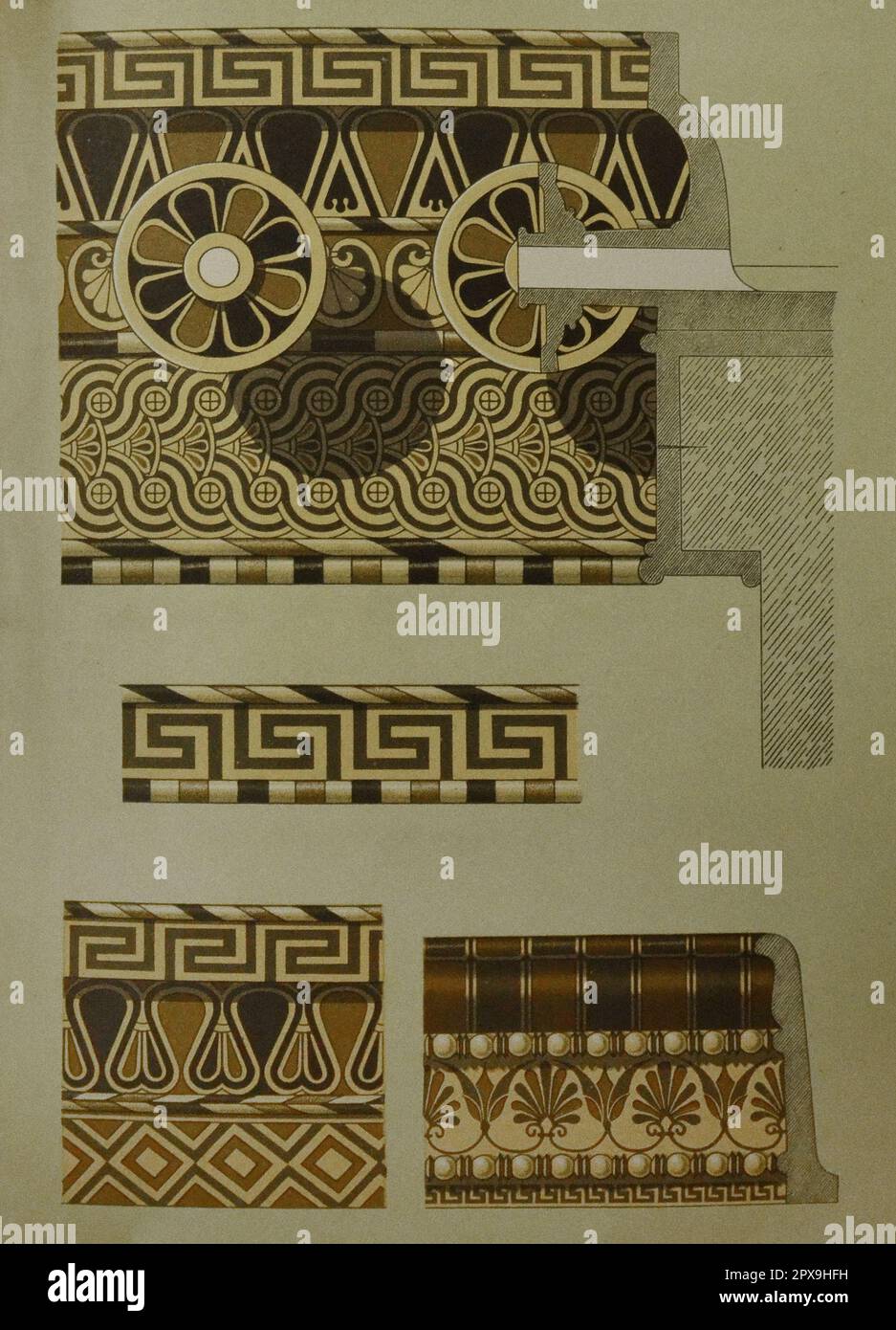 Vintage illustration of the architecture of Hellas. Ornaments in the temples of ancient Greece. (ledge of Temple of Zeus, Olympia, except for the bottom right illustration). Bottom right - part of ledge of temple C at Selinus (Sicily), is a Greek temple in the Doric style. Stock Photo
