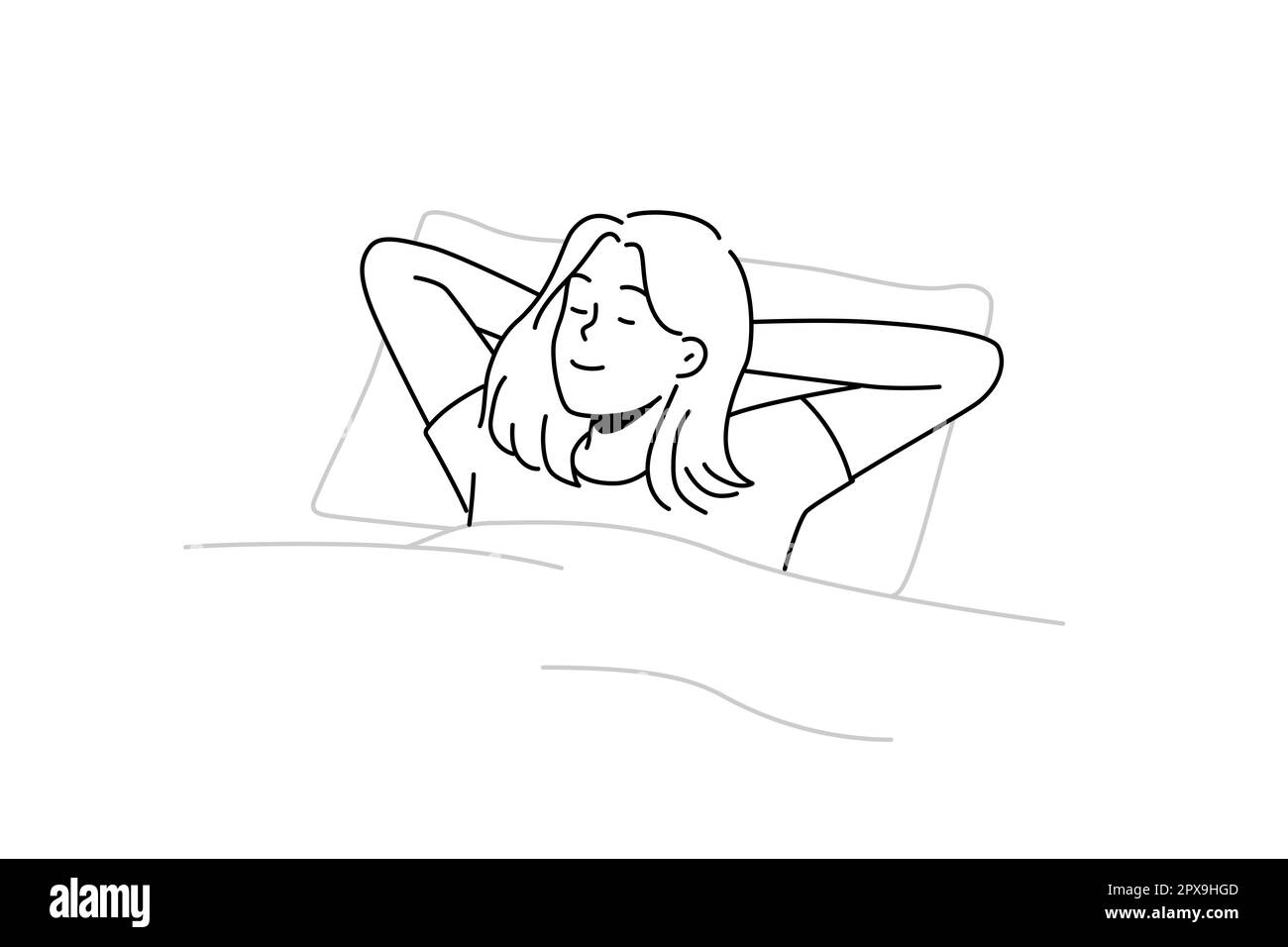 Happy young woman lying in bed sleeping. Smiling girl relax in bedroom