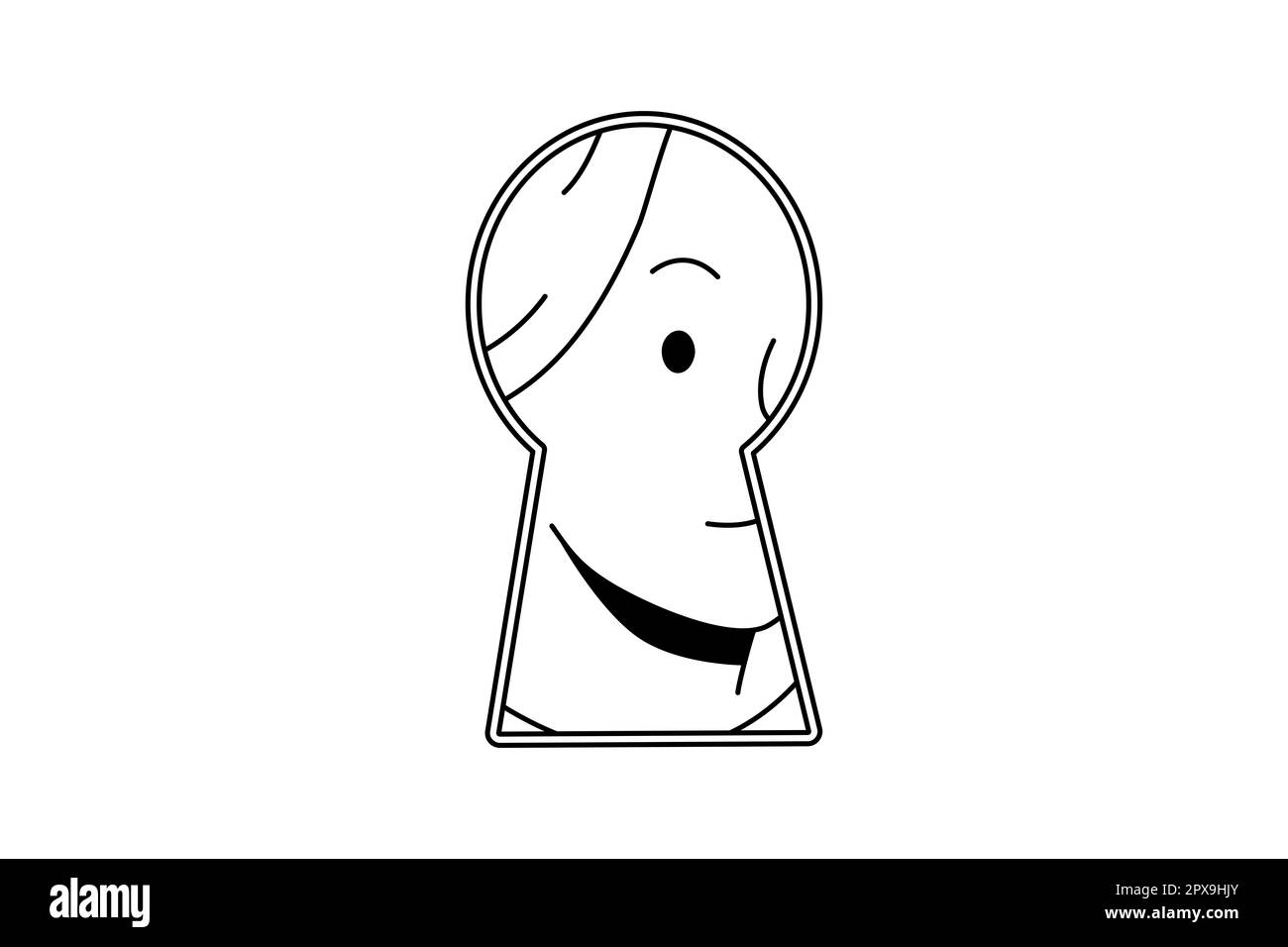 Woman peep in keyhole looking for secret or hidden information. Curious suspicious female interested in secrecy or gossips. Vector illustration. Stock Photo