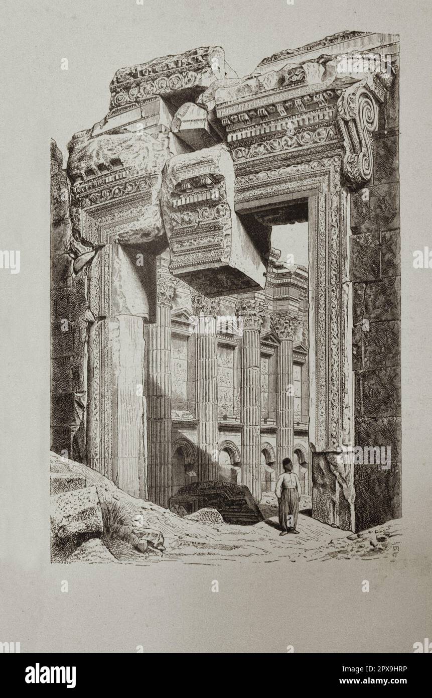 Vintage illustration of Temple of Jupiter (Roman Heliopolis). Baalbek complex. Lebanon The Temple of Jupiter is a colossal Roman temple, the largest of the Roman world, situated at the Baalbek complex in Heliopolis Syriaca (modern Lebanon). The temple served as an oracle and was dedicated to Jupiter Heliopolitanus. Stock Photo