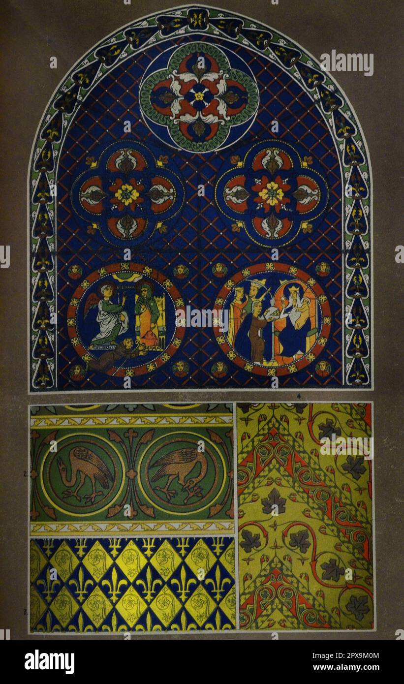 Vintage illustration of coloured stained glass from Basilica of Saint-Denis and Sainte-Chapelle. Paris. France Stock Photo