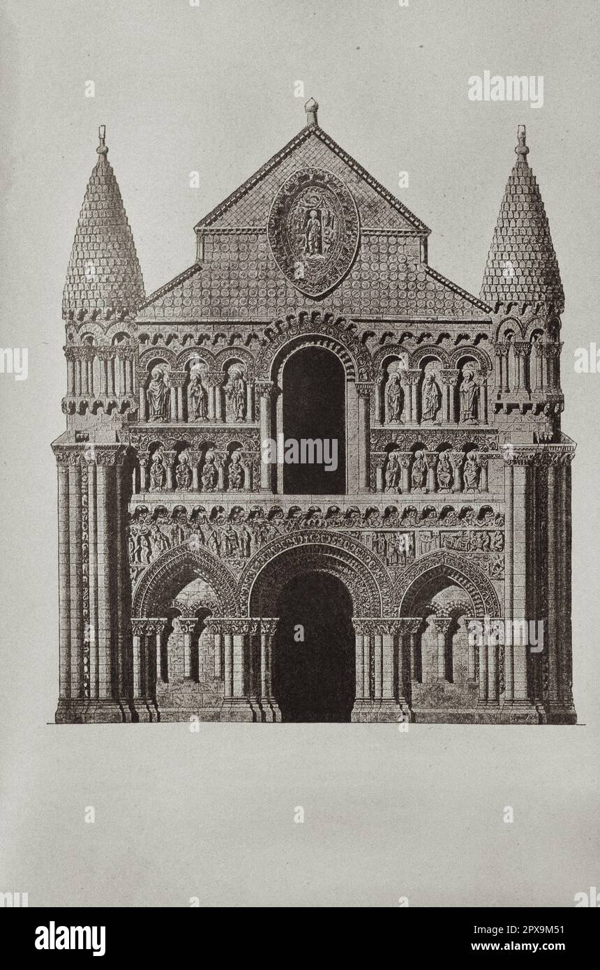 Vintage illustration of Église Notre-Dame la Grande (Church of Notre-Dame la Grande) in Poitiers. France Notre-Dame la Grande is a Roman Catholic church in Poitiers, France. Having a double status, collegial and parochial, it forms part of the Catholic diocese of Poitiers. The west front adorned with statuary is recognised as a masterpiece of Romanesque religious art. The walls inside the church are painted. Stock Photo