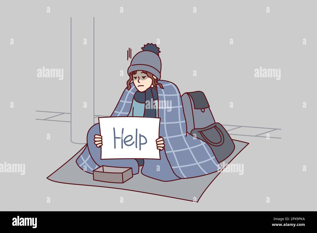 Homeless woman covered with blanket asks for alms sits on ground with