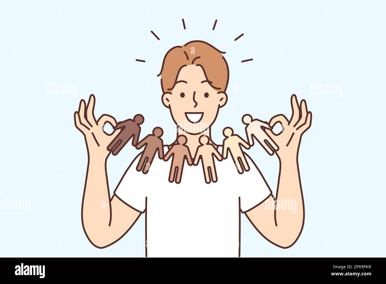 Smiling young man holding garland of diverse multiracial people. Happy guy  show ethnicity and diversity. Racial equality concept. Vector illustration  Stock Photo - Alamy, image size:1300x956