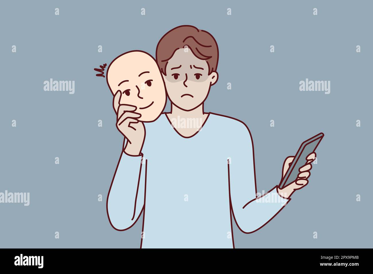 Unhappy man uses mask to pretend to be positive kind human during online dating and social media chat. Guy with phone remove face with smile after imp Stock Photo