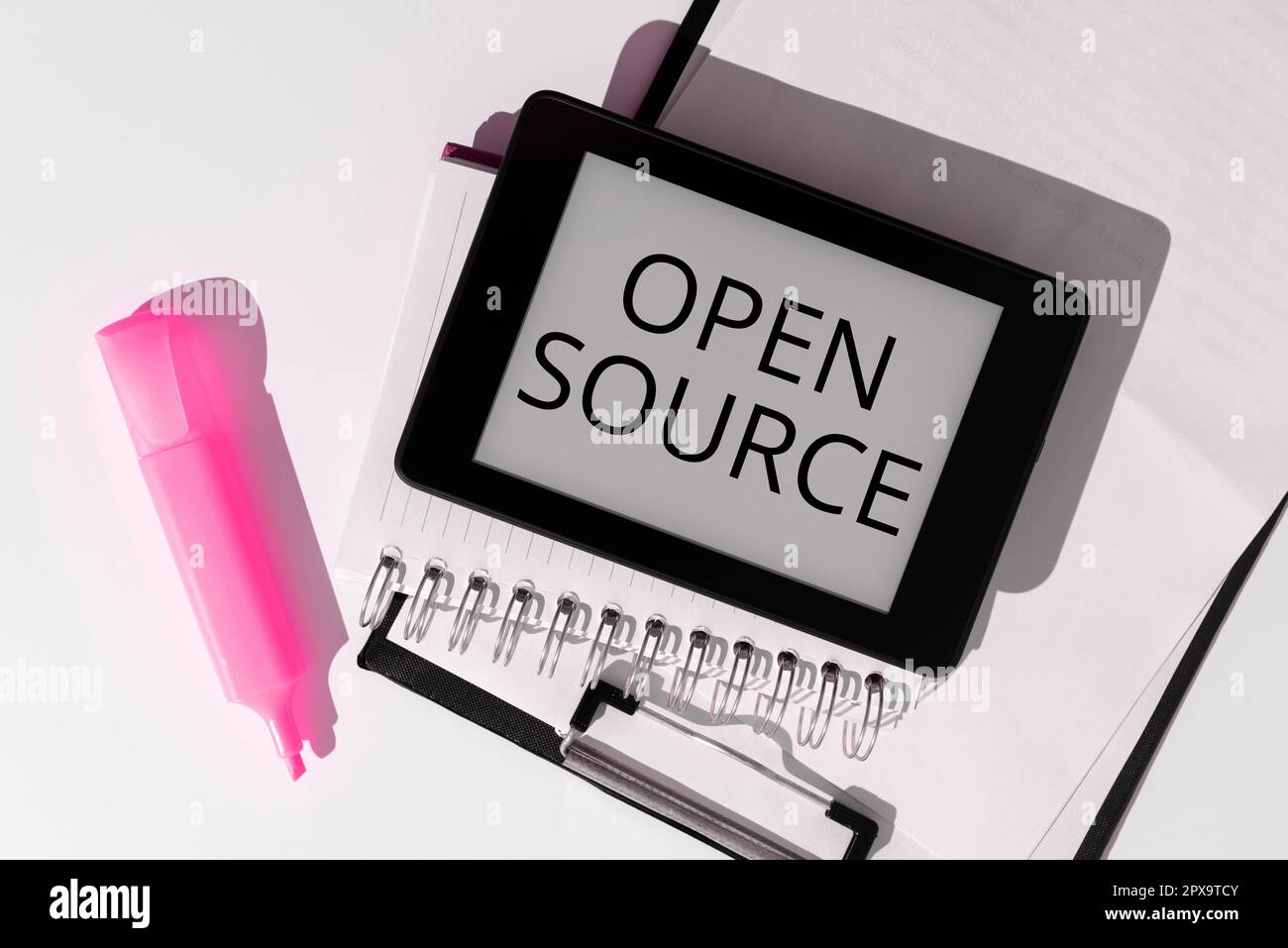 Writing displaying text Open Source, Word for denoting software which original source code freely available Stock Photo