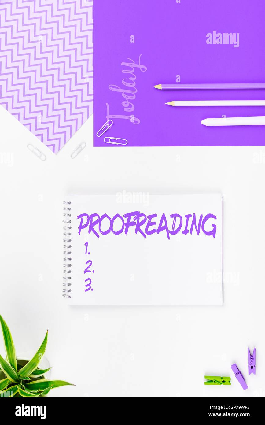 Conceptual display Proofreading, Concept meaning act of reading and marking spelling, grammar and syntax mistakes Stock Photo
