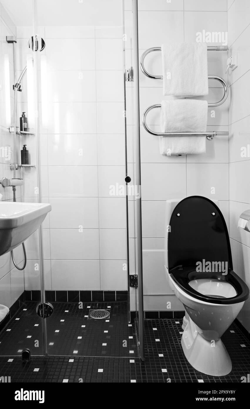 Modern small hotel bathroom with glass shower, black and white closeup