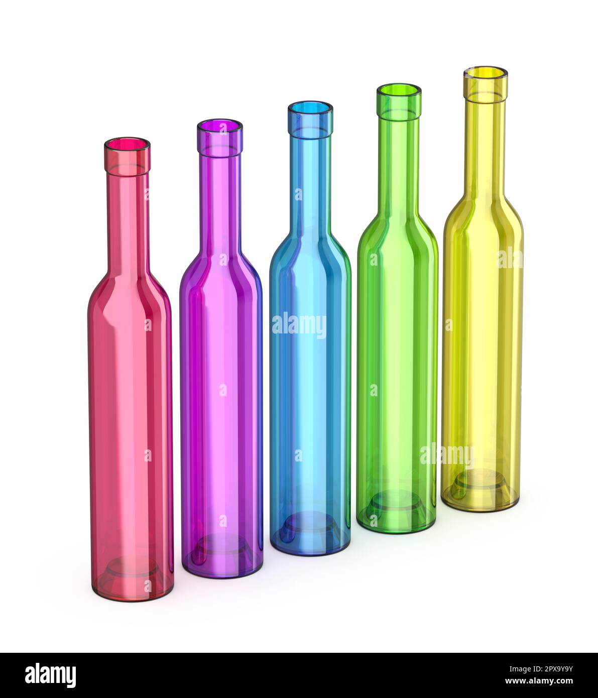 Five tall empty glass bottles with different colors Stock Photo