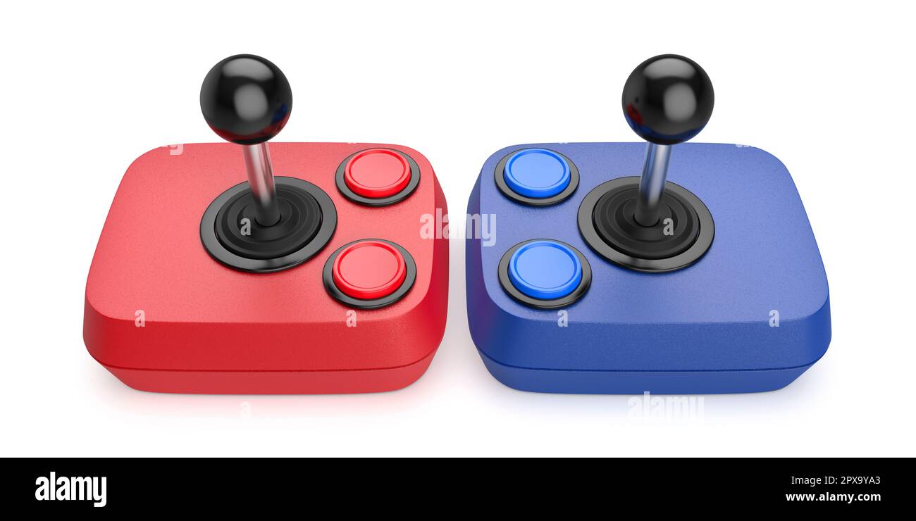 Red and blue computer joysticks on white background Stock Photo - Alamy
