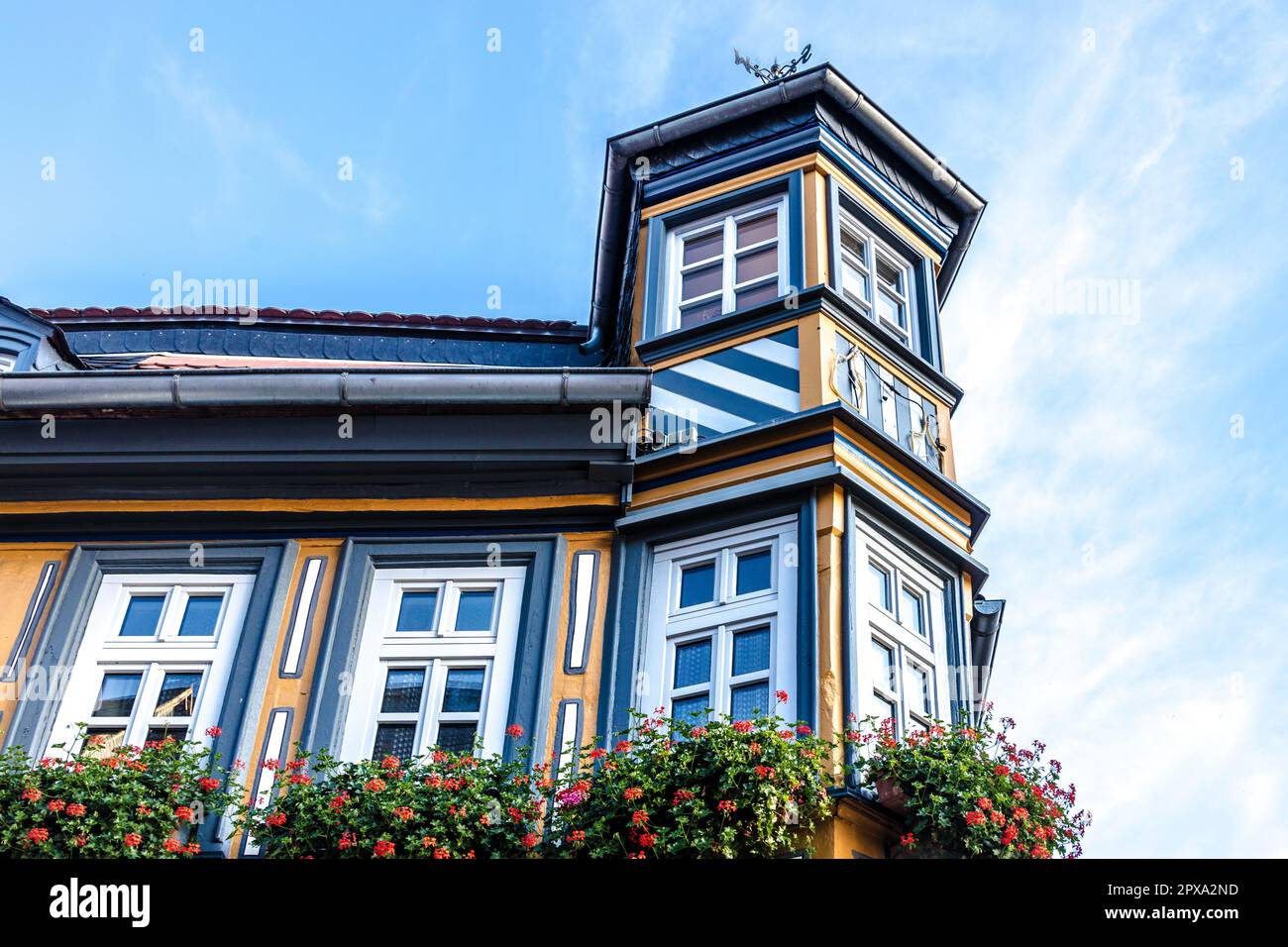 Historic half timbered house facade with Tower and windows in the idyllic little Town Idstein Hesse Germany. Stock Photo