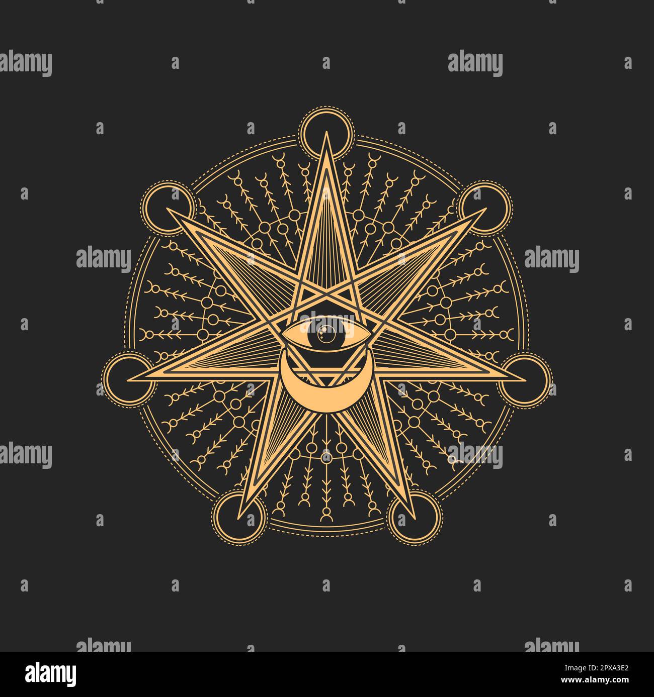 Esoteric occult symbol with Eye of Providence inside of star with seven rays and crescent in