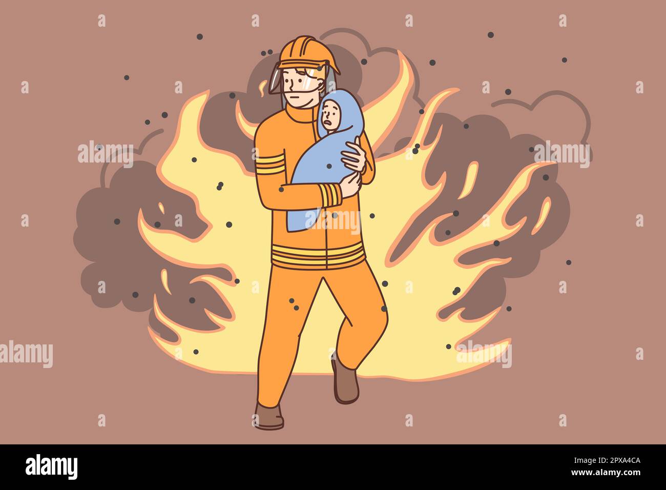 Courageous fireman save baby infant from fire. Male firefighter running