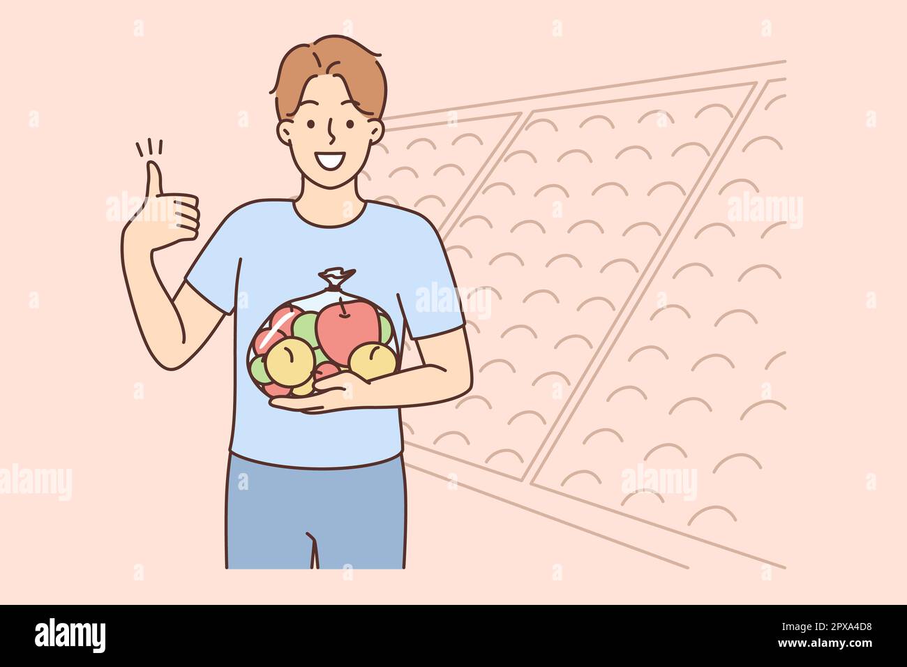 Smiling man with box of fresh apples in supermarket show thumb up ...