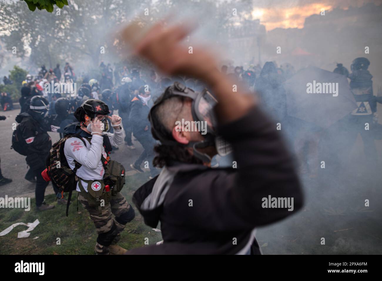 Paris, France. 1st May, 2023. Clash between radical demonstrators and