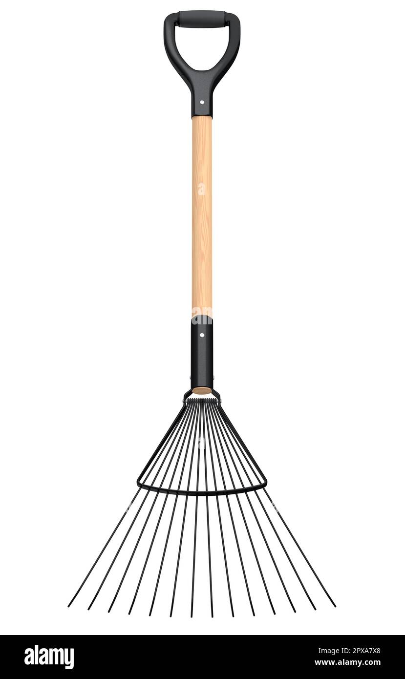 Garden rake with wooden handle for harvesting hay isolated on white