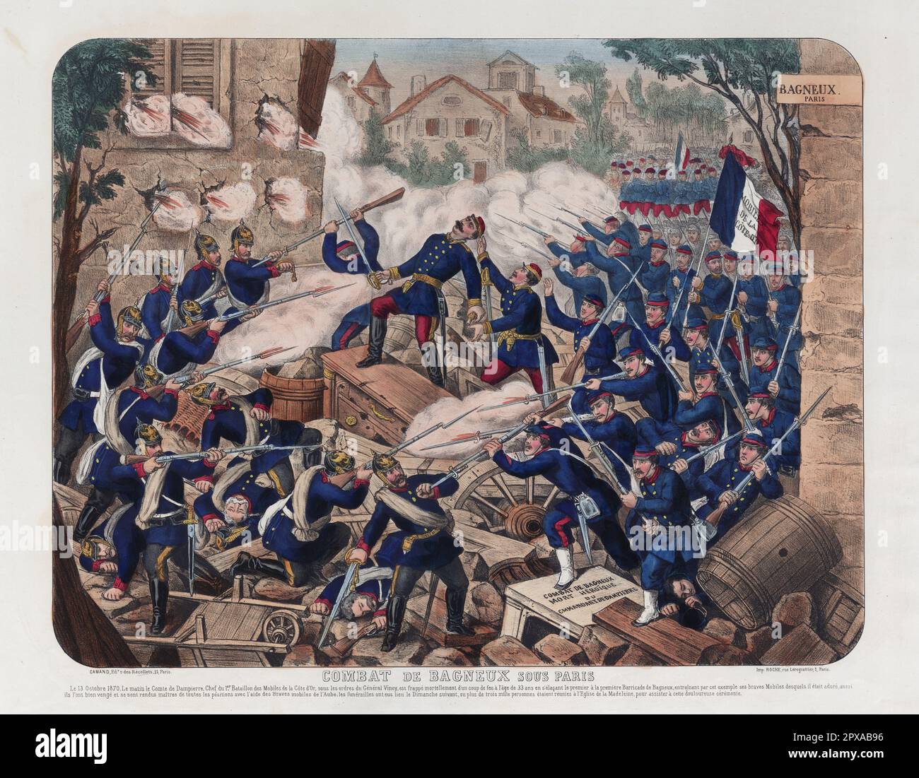 French colour engraving: Battle Of Bagneux Under Paris: On October 13, 1870, Death of Count of Dampierre, Leader of the 1st Battalion of the Mobiles of the Côte d'Or... Stock Photo