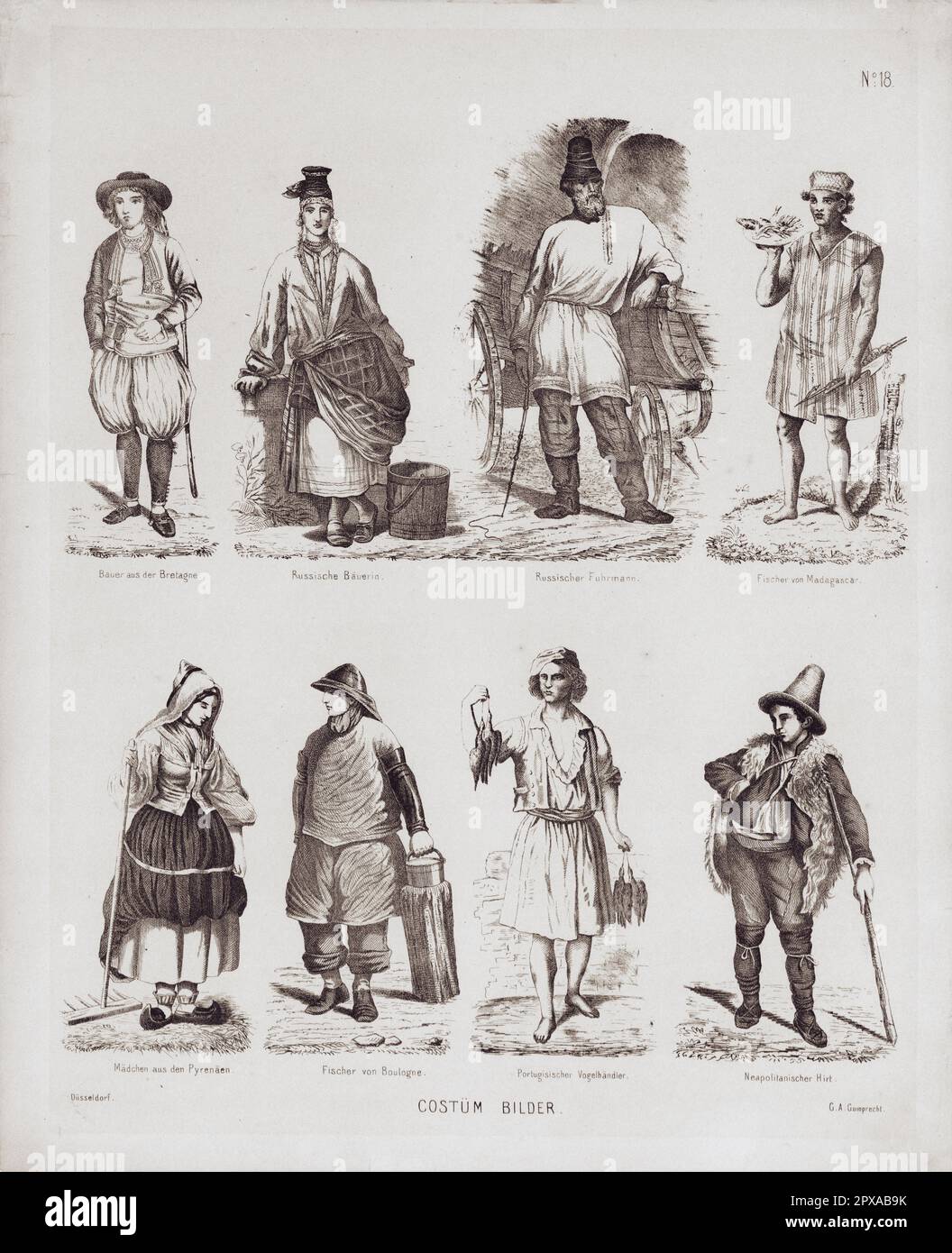 Vintage pictures of national costume. 1860 Peasant from Brittany, Russian peasant woman, Russian carter, Fisherman from Madagascar, Girl from the Pyrenees, fisherman from Boulgne, Portuguese bird handler, Neapolitan shepherd Stock Photo