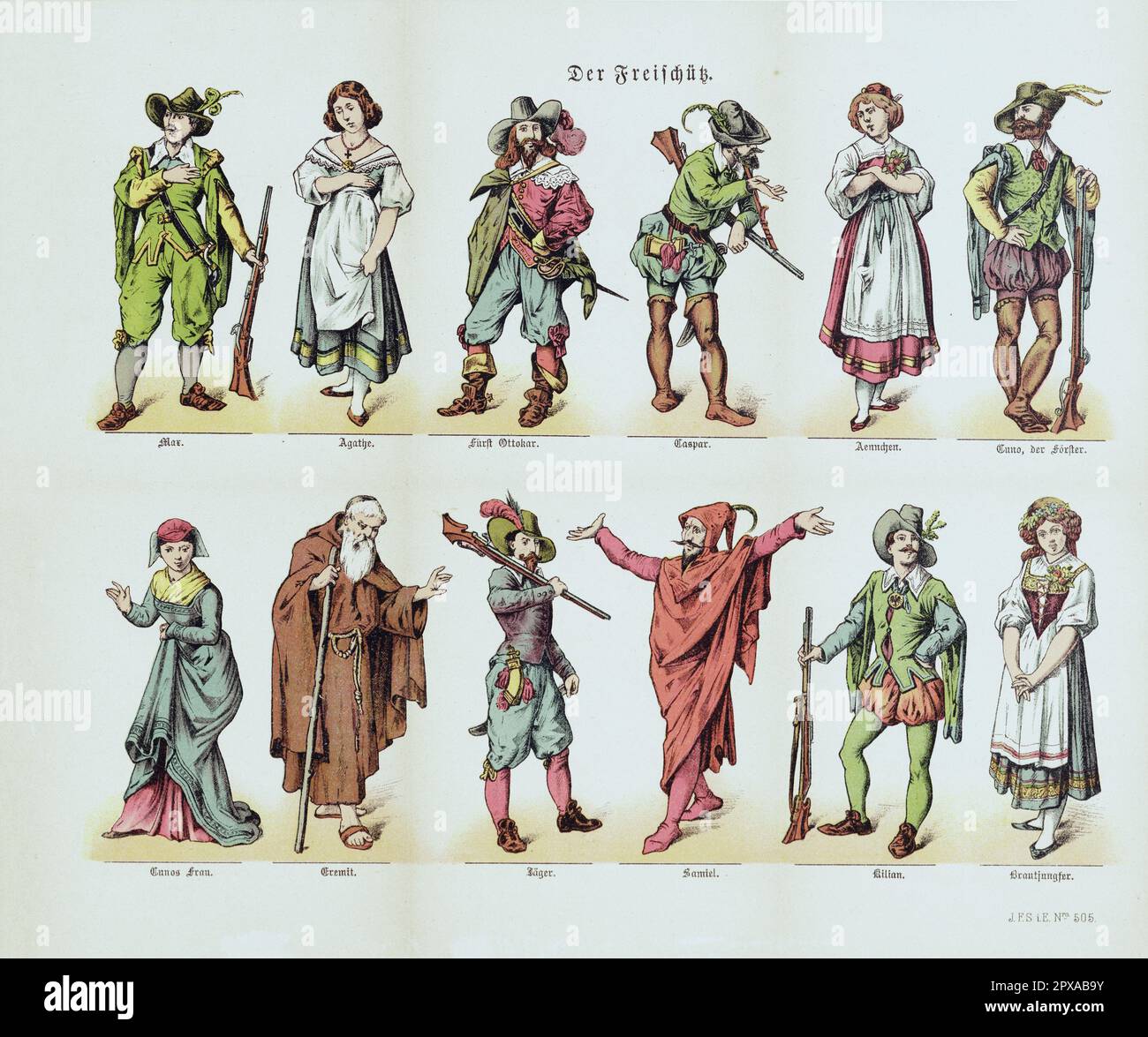 Vintage color illustrations (lithograph) of Der Freischütz (Freeshooter) (German opera based on a story by Johann August Apel and Friedrich Laun). 1881 Der Freischütz (The Marksman or The Freeshooter) is a German opera with spoken dialogue in three acts by Carl Maria von Weber with a libretto by Friedrich Kind, based on a story by Johann August Apel and Friedrich Laun from their 1811 collection Gespensterbuch. Stock Photo