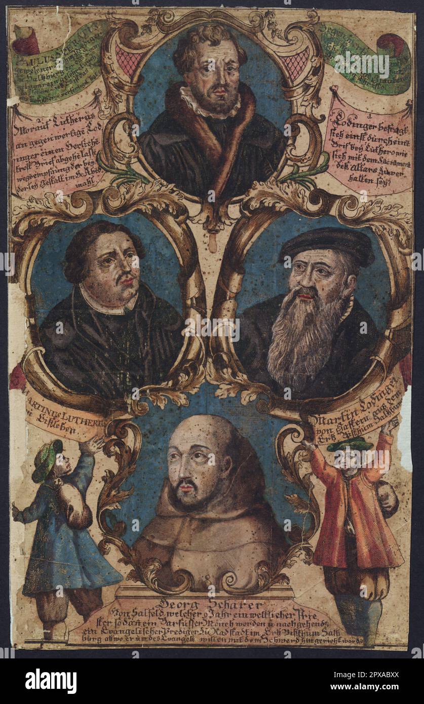 Engraving of Paulus Speratus, Martinus Lutherus, Martin Lodinger von Gastein, Georg Schärer: (four Portrait medallions). 1731 Paul Speratus (1484–1551) was a Swabian Catholic priest who became a Protestant preacher, reformer and hymn-writer. In 1523, he helped Martin Luther to create the First Lutheran hymnal, published in 1524 and called Achtliederbuch. Martin Luther (1483 – 1546) was a German professor of theology, priest, author, composer, former Augustinian monk and is best known as a seminal figure in the Protestant Reformation and as the namesake of Lutheranism.  Georg Scherer (1540–1605 Stock Photo
