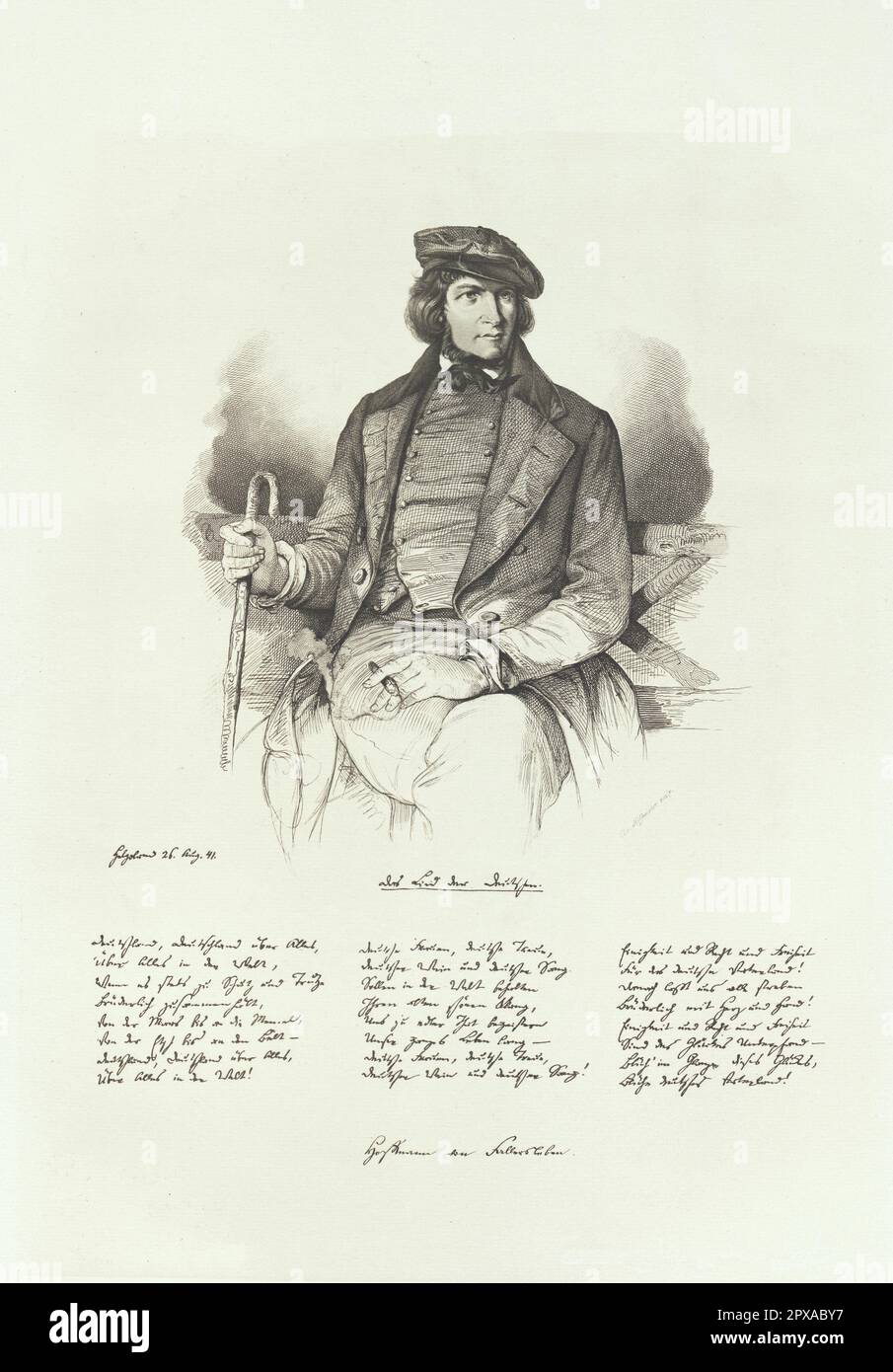 Portrait of August Heinrich Hoffmann von Fallersleben and facsimile of the Song of the Germans. 1914 August Heinrich Hoffmann calling himself von Fallersleben, after his hometown; (1798–1874) was a German poet. He is best known for writing 'Das Lied der Deutschen', whose third stanza is now the national anthem of Germany, and a number of popular children's songs, considered part of the Young Germany movement. Stock Photo