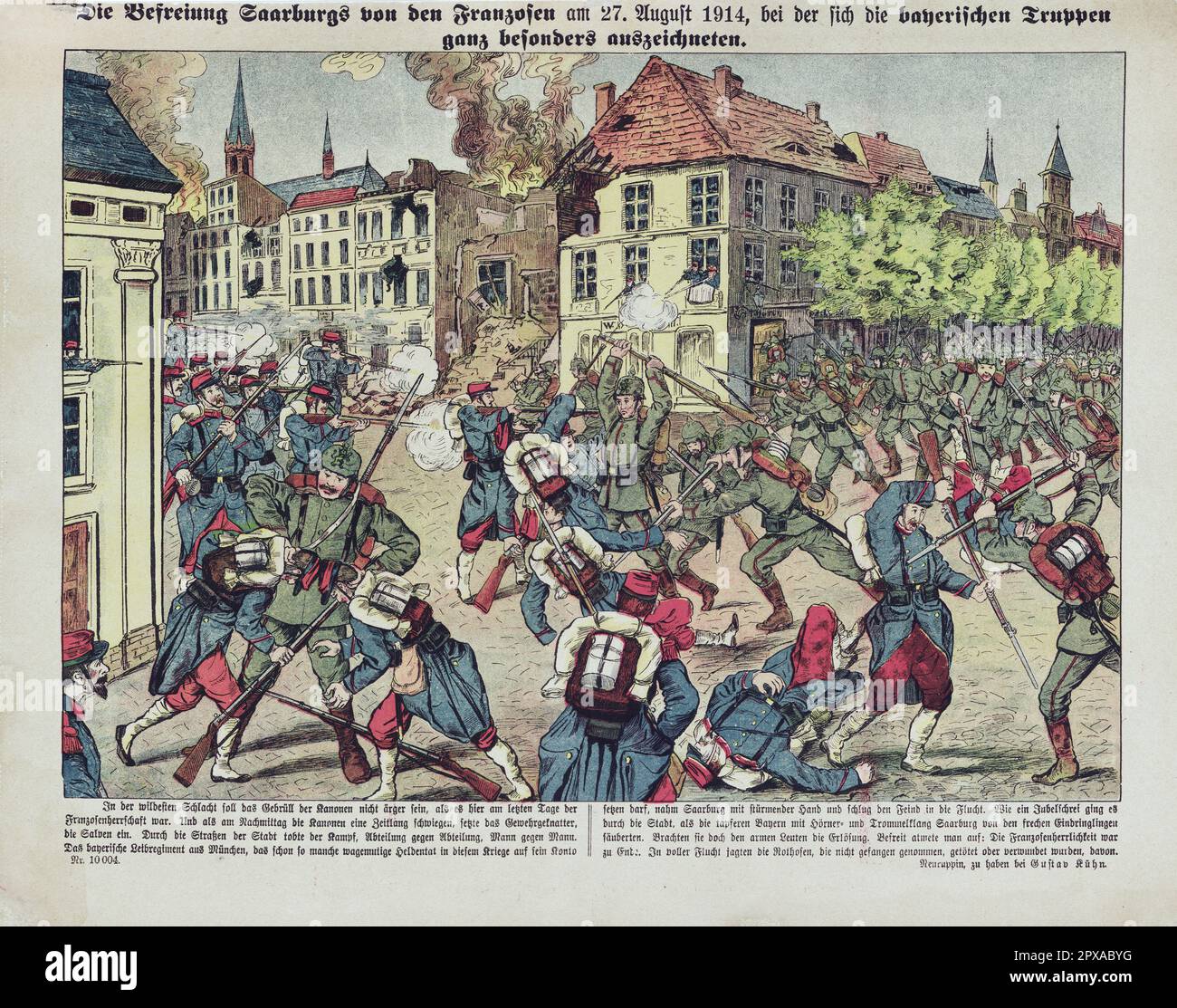 Vintage German propaganda poster: The liberation of Saarburg from the French on August 27, 1914, in which the Bavarian troops particularly distinguished themselves. 1914 Stock Photo