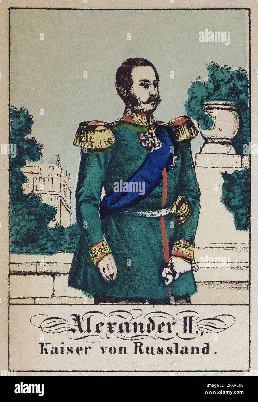 Сolor lithography of Alexander II of Russia. 1861 Alexander II (1818–1881) was Emperor of Russia, King of Poland and Grand Duke of Finland from 2 March 1855 until his assassination in 1881 Stock Photo