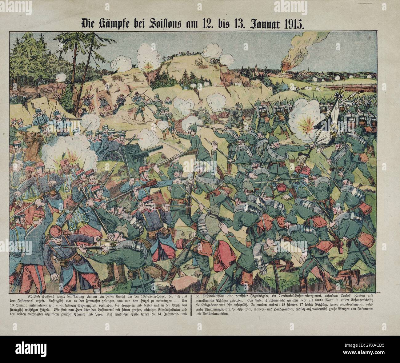 German propaganda poster of World War I: The fighting at Soissons on January 12-13, 1915. The Battle of Soissons (French: La Bataille de Crouy ) was part of the First World War and took place from January 8-14, 1915 on the central western front on the Aisne section north of Soissons . The conflict served on the German side as a diversionary attack and relief from the attacks launched by the French in Champagne and Artois at the same time . Parts of the German 1st Army succeeded in repelling French attacks and stabilizing the situation after a counterattack. The newly won front line could also Stock Photo