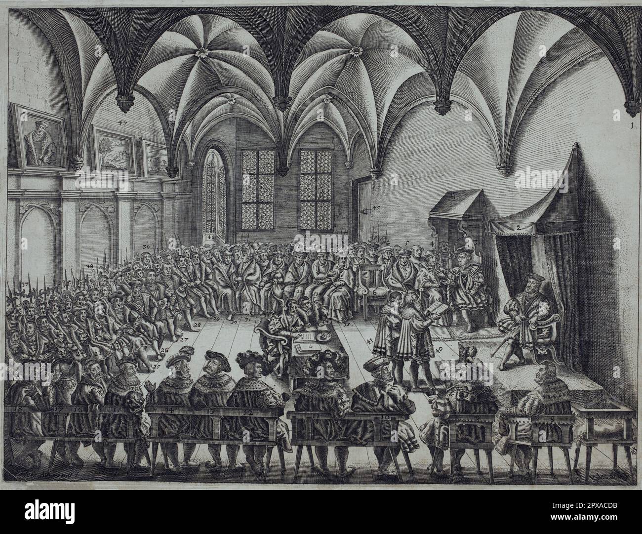 Engraving of Handover of the Augsburg Confession on June 25, 1530, 1630 The Augsburg Confession, also known as the Augustan Confession or the Augustana from its Latin name, Confessio Augustana, is the primary confession of faith of the Lutheran Church and one of the most important documents of the Protestant Reformation. Stock Photo