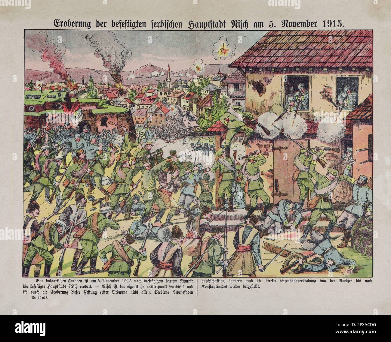 Colour engraving of capture of the fortified Serbian capital Nisch on November 5, 1915 (Morava Offensive). The Morava Offensive Operation was undertaken by the Bulgarian First Army between 14 October 1915 and 9 November 1915 as part of the strategic offensive operation of Army Group Mackensen against Serbia in 1915. Under the command of Lieutenant General Kliment Boyadzhiev the Bulgarians seized the fortified areas of Pirot, Niš and the valley of the river Morava. As a result, the Serbian forces were compelled to retreat towards Kosovo and Metohija. Stock Photo
