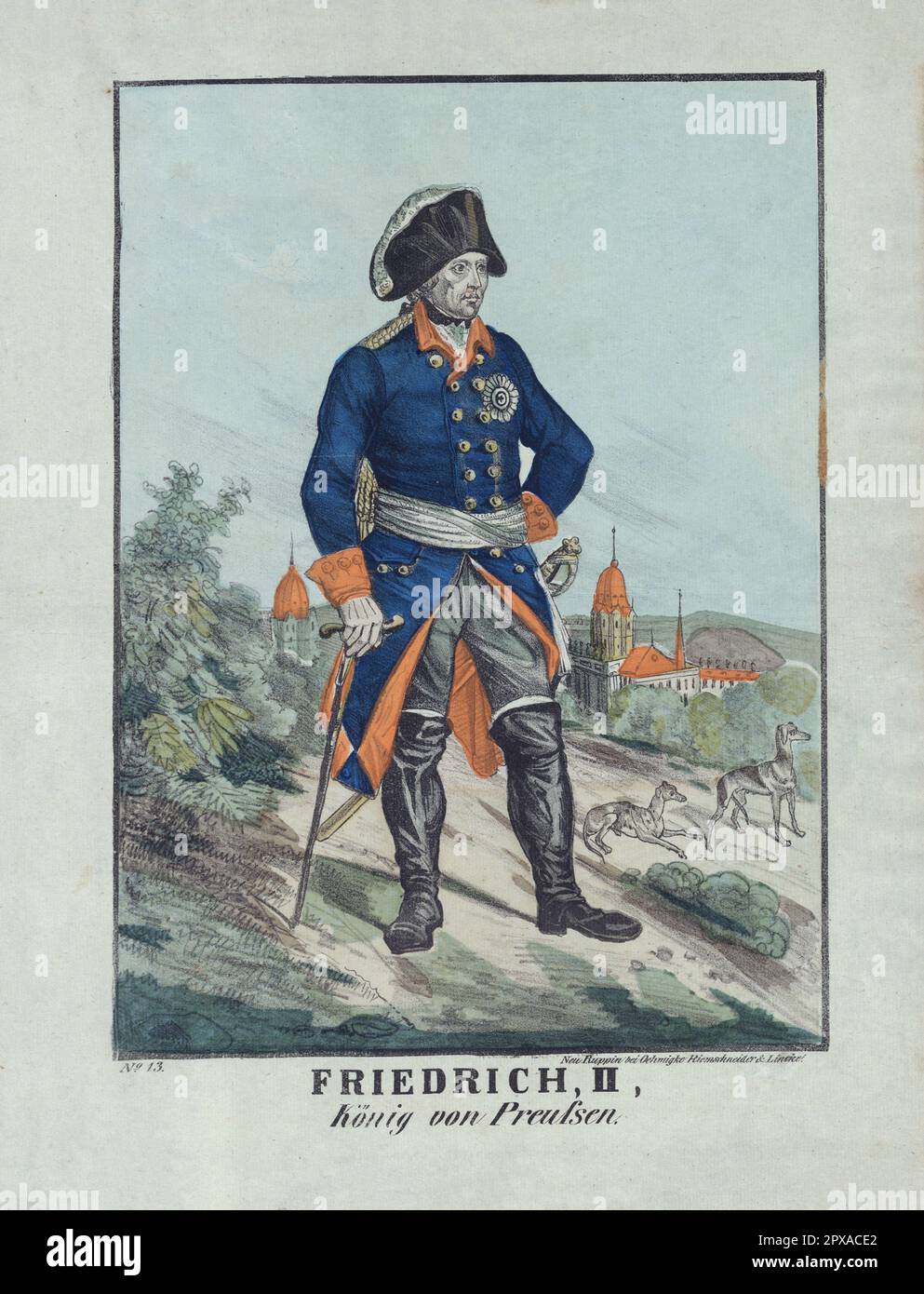 Vintage color lithograph of Frederick the Great. 1835 Frederick II (Gern.: Friedrich II; 1712 – 1786) was King in Prussia from 1740 until 1772, and King of Prussia from 1772 until his death. His most significant accomplishments include his military successes in the Silesian wars, his re-organisation of the Prussian Army. Stock Photo