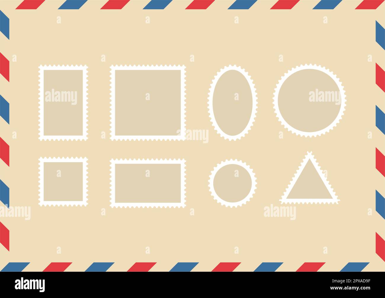 Airmail envelope frame with blue and red stripes and postage stamps